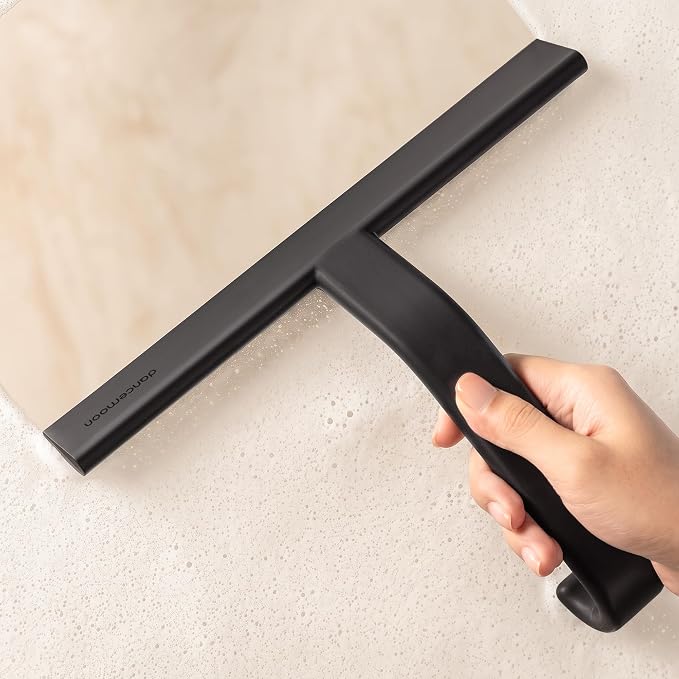 dancemoon JustHang Shower Squeegee for Glass Doors, All-One-Piece Wider 12" Silicone Squeegee with Built-in Hook for Window, Mirror, Tile Wall, Car, Streak-Free Bathroom Cleaner Tool, 12-Inch Black