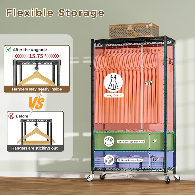 Heavy Duty Clothes Rack Rolling Garment Rack,3 Tier Adjustable Wire Shelving Clothing Racks for Hanging Clothes with Double Rods&Side Hooks,Freestanding Wardrobe Storage Rack Metal Portable Closet