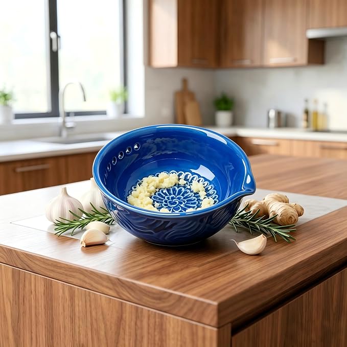 Ceramic Grater Bowl with Herb Stripper, Garlic Ginger Grinder | 3-in-1 Kitchen Tool | Upgraded Grinding Texture | 7 Herb Stripping Holes | Easy Clean | Dishwasher Safe | Blue