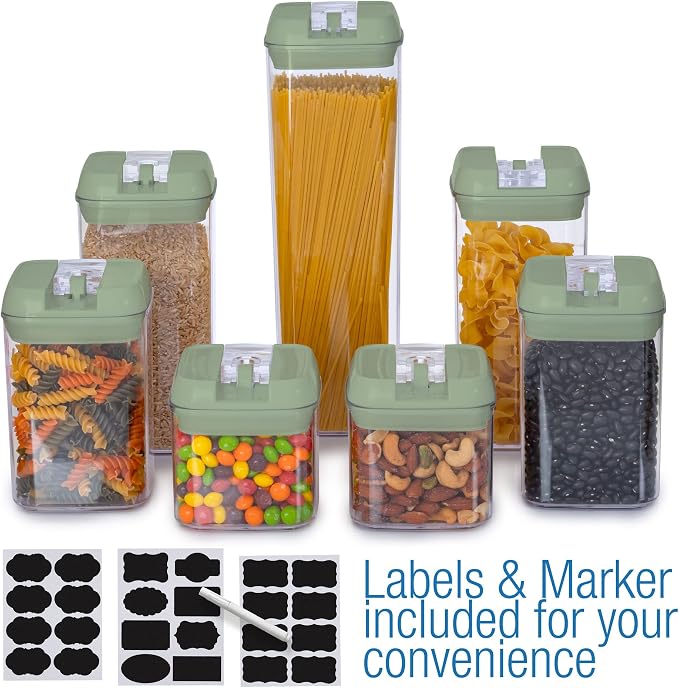 Set of 7 Airtight Food Storage Containers - Pantry Organizer Bins, BPA Free Plastic Containers plus Dry Erase Marker and Labels, Olive Green