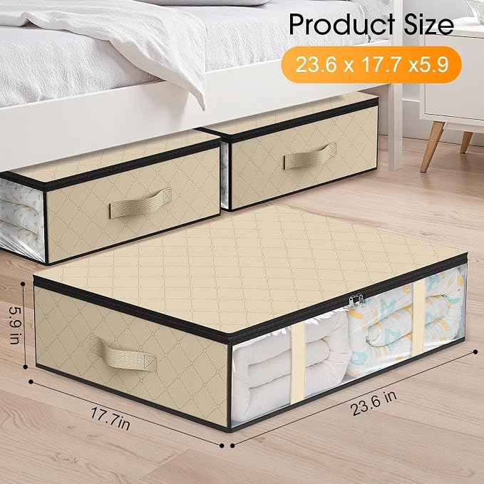 StorageRight Under Bed Storage Bags, 3 Pack, 40L, Beige | Breathable Non-Woven Fabric with a Clear Window and Zippered Top for Clothes, Comforters, Blankets and Seasonal Storage
