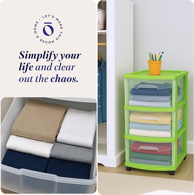 Homz 3 Drawer Plastic Storage and Organizer Cart, Rolling Cabinet for Home, Office, Classroom, Craft, Art Supplies, Bold Lime Frame with Clear Drawers