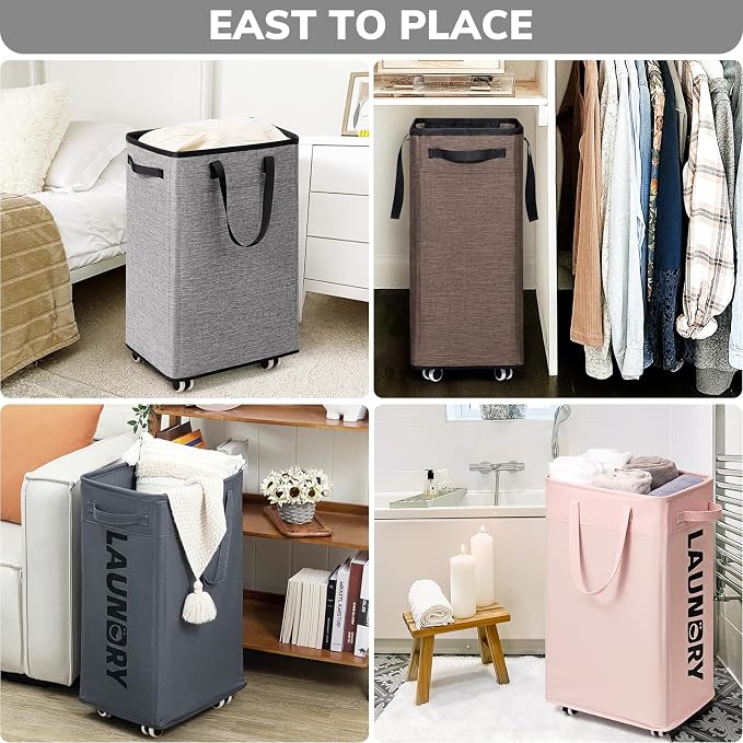 Goodpick 75L Collapsible Laundry Baskets with Removable Wash Bag and Wheels | Laundry Basket with Wheels, Rolling Laundry Hamper with Handle for College Dorm, Laundry Hamper on Wheels, Light Grey