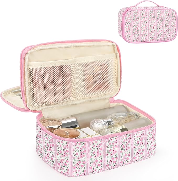 Relavel Cute Makeup Bag for Girls, Portable Pink Cosmetic Bag, Dual-layer Makeup Pouch with Brush Holder, Multi-Functional Preppy Toiletry Organizer for Travel, Daily Use - Pink Flower