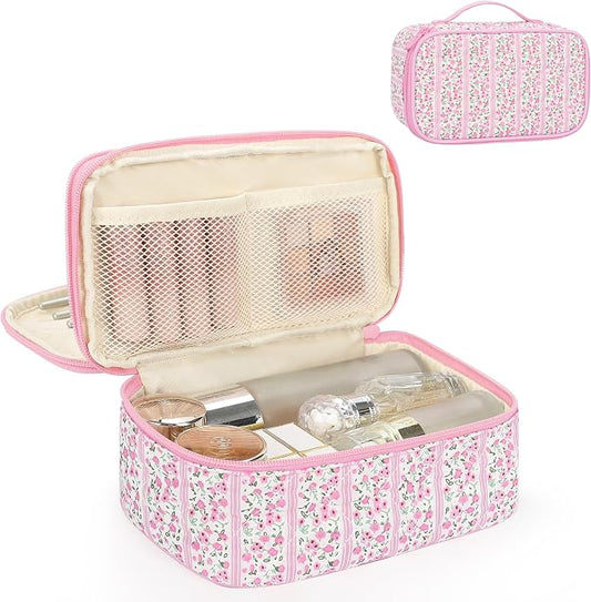 Relavel Cute Makeup Bag for Girls, Portable Pink Cosmetic Bag, Dual-layer Makeup Pouch with Brush Holder, Multi-Functional Preppy Toiletry Organizer for Travel, Daily Use - Pink Flower