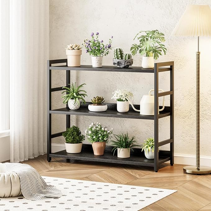 NUMENN Wide Bookshelf, 3 Tier Freestanding Shelving Unit, Black | Metal Frame & Wood Shelves, Falling Prevention Baffle, Open Storage Bookcase for Bedroom, Living Room & Home Office