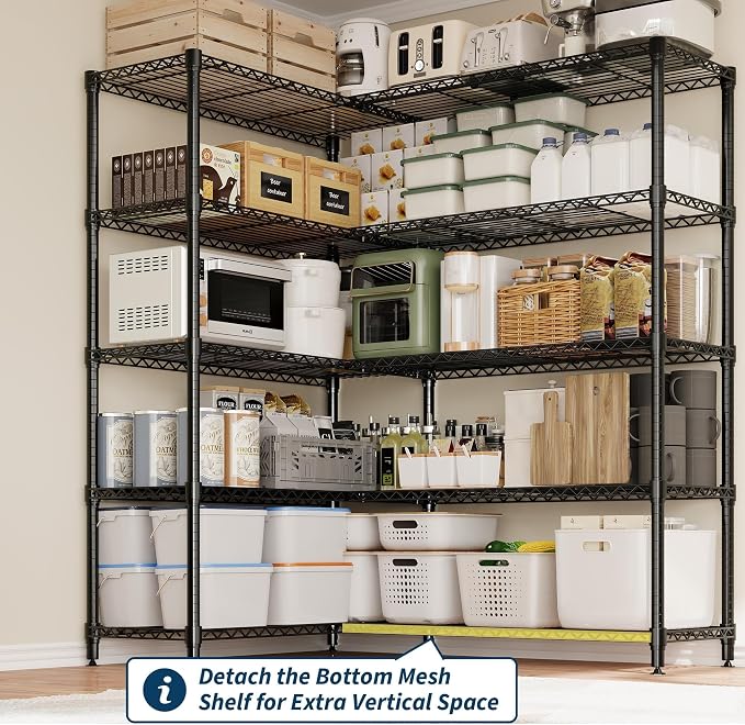 Garvee 71" Wide Storage Shelves Metal Shelving Units 5 Tier, 1325LBS | Heavy Duty & Adjustable Wire Shelving Rack, Standing/L-shaped, Use for Garage Kitchen Pantry Warehouse, Black