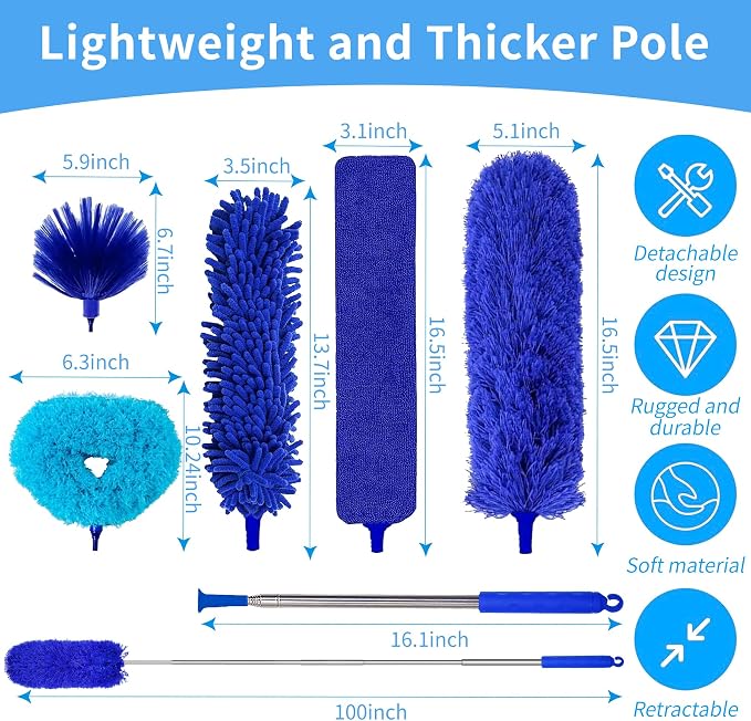Duster with Extension Pole - Royal Blue | 6-in-1 Kit Dusters for Cleaning, Extendable Duster with 100 Inches, Microfiber Dusters for Ceiling Fans, Furniture, Blinds