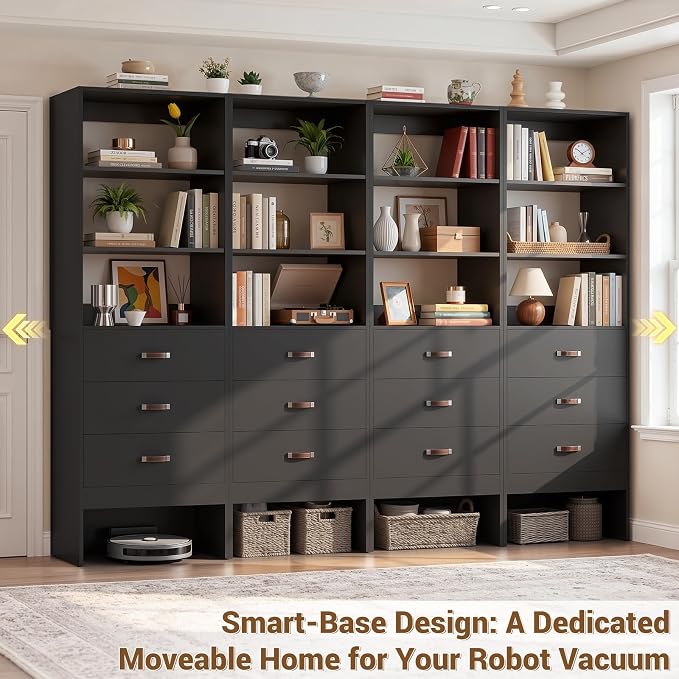 8FT Closet System with Leather Handles, 96" Walk-in Closet Storage Unit with Cabinet, Wood Wardrobe Closet Organizer and Storage with 12 Drawers, Set of 4, Black