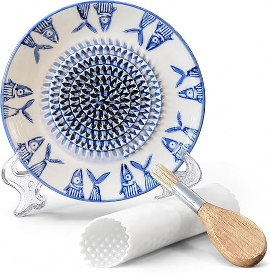 Handcrafted Ceramic Garlic Grater Plate 4-Pc Set, 4.72" Handmade Porcelain Grinding Dish with Wooden Boar Bristle Brush & Textured Silicone Peeler, Ocean Blue Hand-Painted Fish