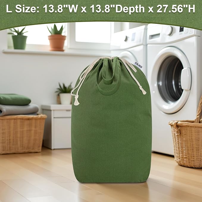 Canvas Laundry Bags with Handles & Square Base 13.8"Wx13.8"Dx27.6"H | Extra Large Heavy Duty Laundry Basket Hamper Liner Replacement, Washable Drawstring Dirty Clothes Bag, Army Green