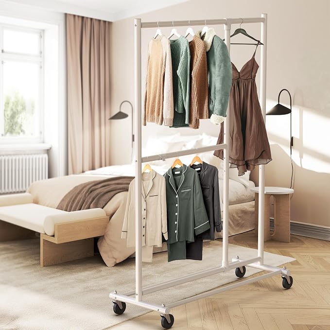 Simple Houseware Dual Bar Adjustable Clothing Garment Rack, 72" H, White | Extendable Middle Bar from 23" to 42.75 Inches Width