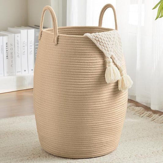 Large Laundry Hamper Basket 65L Woven Blanket Basket, Brown | Tall Clothes Hamper, Rope Wicker Laundry Basket, Storage Basket for Toys, Dirty Cothes in Bedroom, Living Room Organizer