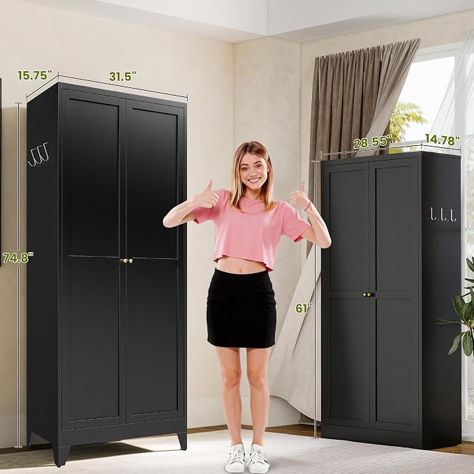 AQY 75" Pantry Cabinet, Black Freestanding Storage Cabinet with 5 Adjustable Shelves, Metal Pantry Cupboard with Ventilation Design & Hanging Hooks, 2-Door Kitchen Organizer for Living Room Kitchen
