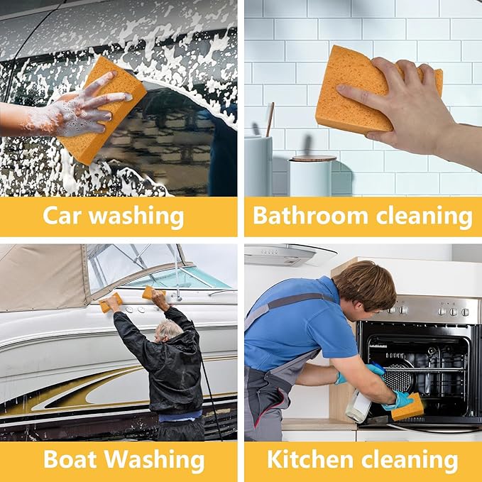 Car Wash Sponges, 3 Pack Extra Thick Large Cleaning Sponge Multi-Purpose for Bathroom Kitchen Bike Boat, Large Size Sponges 4'' X 6'' (Yellow)