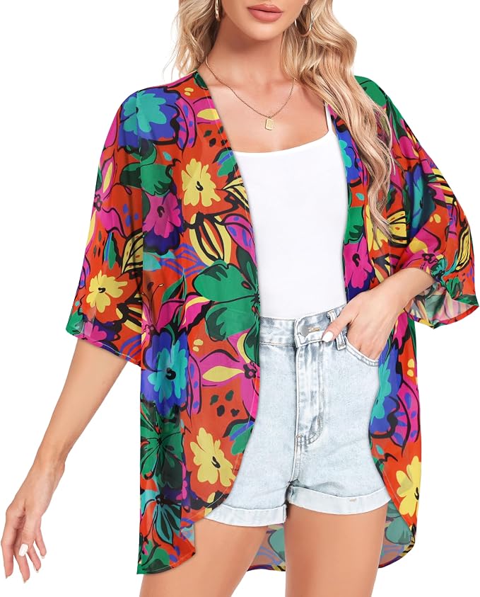 Women Kimono Cardigans Summer Cover Up Hawaiian Shirts Floral Print Tops | ROSEMIA chiffon kimono open front cardigans, beach cover ups, daily casual tops, cruise outfits, summer resort wear
