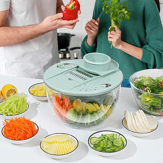 Salad Spinner 5.3 Qt Vegetables Fruits Washer Dryer with 5 Stainless Steel Blades for Chopping Slicing Shredding Pasta and Greens (Green)