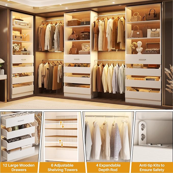 Aheaplus Closet System with 12 Drawers, 8.5-11.5Ft Wood Closet Organizer System with 4 Hanging Rods & 3 Towers, 4Ft & 6Ft L-Shaped Walk-in Closets Wardrobe Organizer Clothes Rack, Set of 3, White1