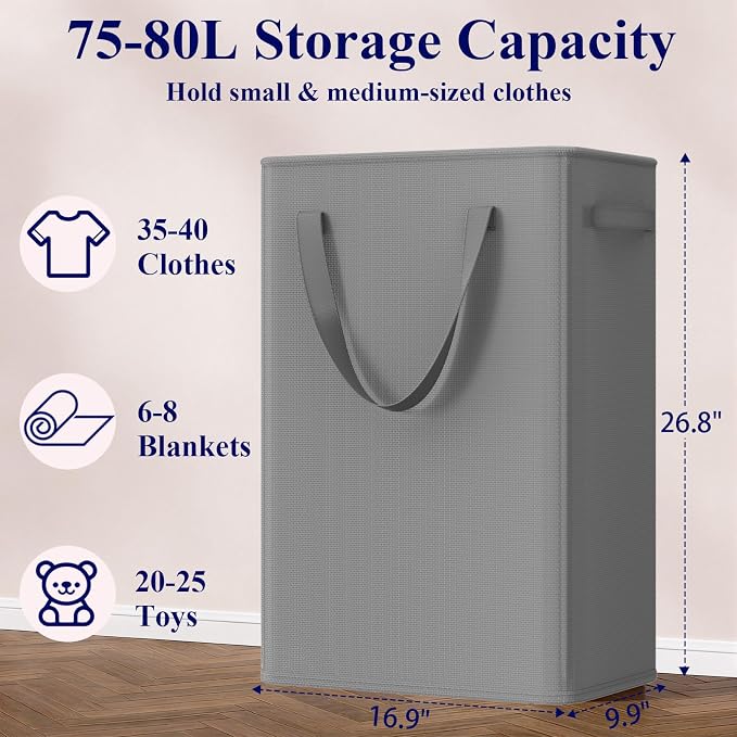 Optish 75L Slim Laundry Hamper, Large Laundry Basket With Handles, Narrow Laundry Basket for Dorm, Bedroom, Living Room, Collapsible Laundry Hamper, Grey