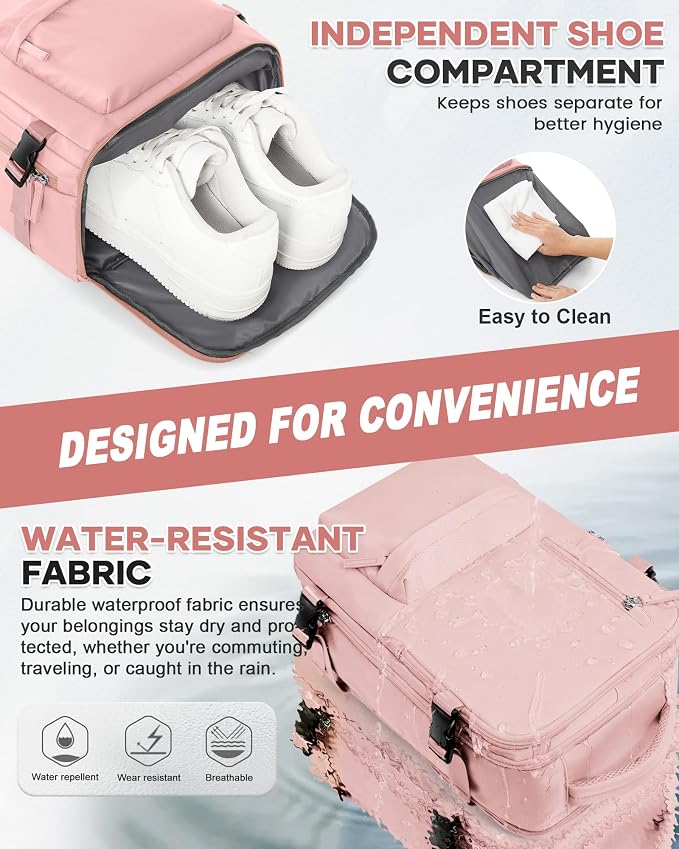 WONHOX Large Travel Backpack Women, Carry On Backpack,Hiking Backpack Waterproof Outdoor Sports Rucksack Casual Daypack with Shoes Compartment, Pink