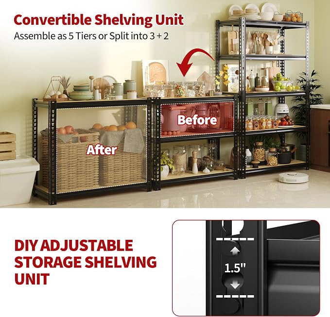 Heavy Duty Garage Storage Shelves, 5-Tier Adjustable Storage Shelving Unit | 3000 Lbs Capacity, 48" L x 24" W x 72"H Metal Shelving Racks for Kitchen Pantry Basement Bathroom Laundry