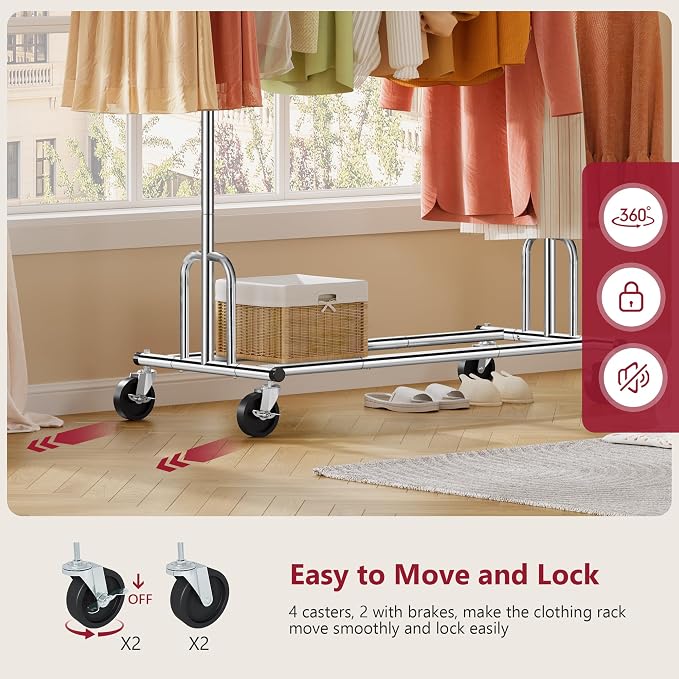 Tajsoon Heavy Duty Clothes Rack Foldable Garment Rack with Wheels and Extendable Rod, Freestanding Clothing Rack for Hanging Clothes, Adjustable ＆ Collapsible Rolling Racks with Bottom Shelf, Chrome