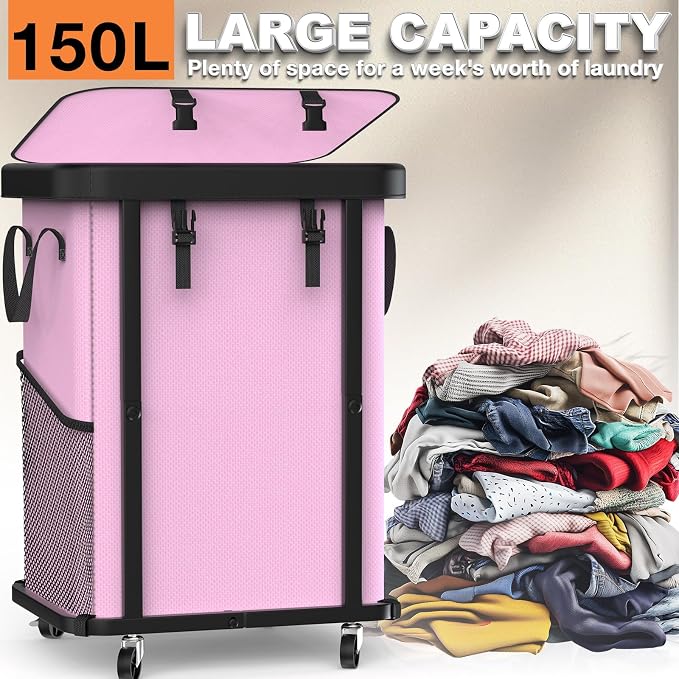 Laundry Basket with Wheels,150L (40 Gal) Rolling Hamper Carts - Pink | Leather Patchwork Laundry Hamper,Sturdy Metal Frame, Removable Washable Bag, Tall Clothes Sorter for Bedroom, Laundry Room