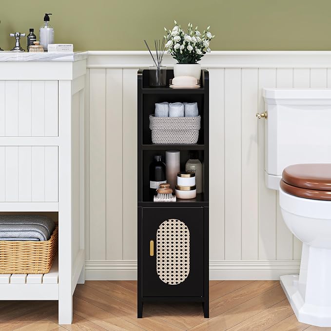 Small Bathroom Storage Cabinet, Narrow and Slim Storage Cabinet with Rattan Door and Adjustable Shelves, Corner Floor Bathroom Organizers and Storage for Small Space, Black HSC001B