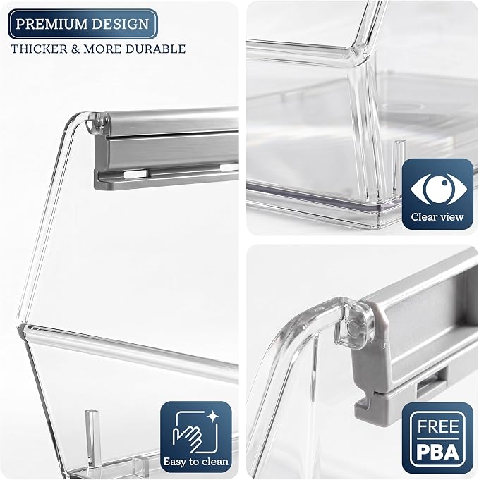 HOMESTEAD Set of 2 Large Stackable Storage Bins, Clear Plastic Organizer Bins, Open Front Design for Kitchen Pantry, Fridge, Cabinet, Bathroom and Cabinet Organization