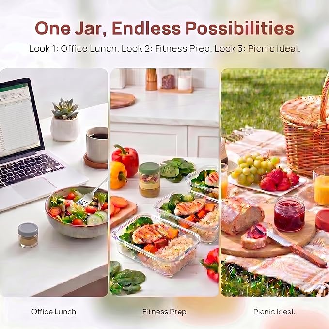 EONJOE 2 oz Glass Dressing Containers With Lids, Sauce Jars for Lunch, 6pk | Airtight ,BPA Free,Perfect for salad dressing sauce dip condiment to go lunch box Accessories , Dishwansher safe