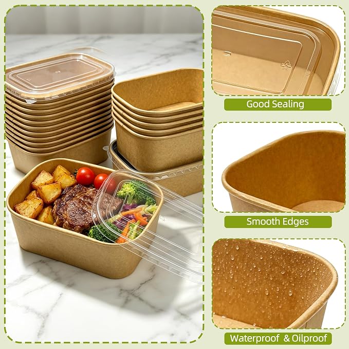 50 Pack Paper Meal Prep Containers with Lids, 35 oz Thicken Disposable and Compostable Take out Food Containers Rectangular to Go Paper Bowls for Leftovers, Salad, Soup, Snack