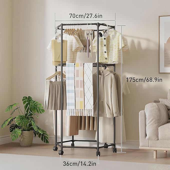 360° Rotating Multi-Tier Clothes Drying Rack with Wheels | Heavy-Duty Metal Garment Organizer for Bedroom, Closet, Balcony & Laundry Room | Space-Saving Corner Clothing Hanger Stand