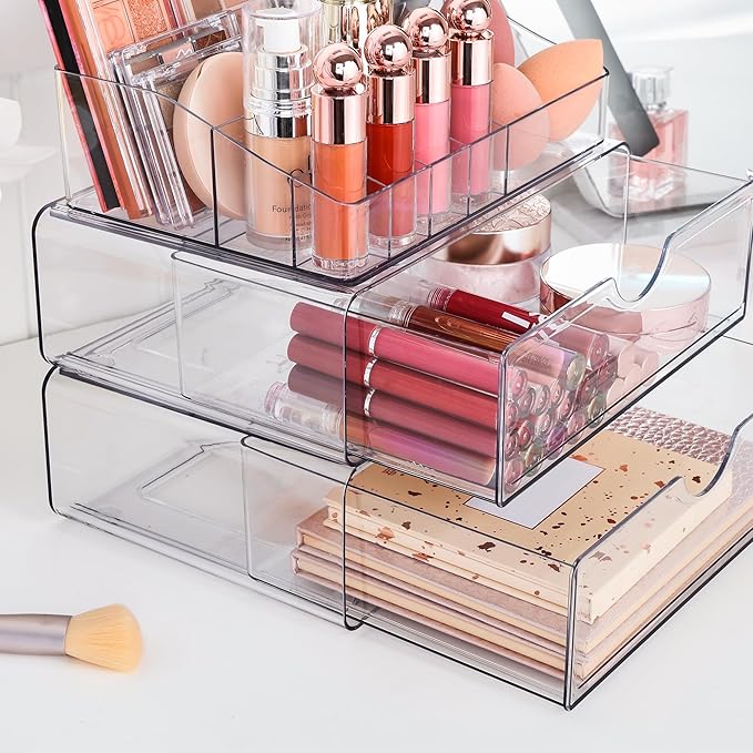 Vtopmart 3 Tier Clear Makeup Organizer with 2 Drawers | Smart Storage Layout, Clear for Better Visibility, Stackable, Large Capacity, for Makeup Lipstick Brush Skincare
