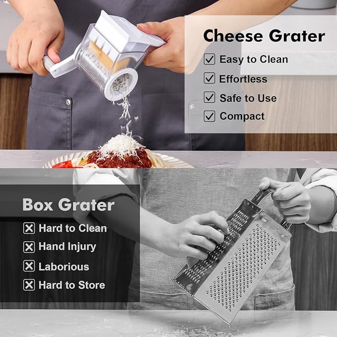 GDL Cheese Grater Hand Crank, Kitchen Rotary Grater Handheld, Dishwasher Safe Parmesan Cheese Grater with Stainless Steel Blade for Hard Cheese,Chocolate,Nuts (White+Grey)