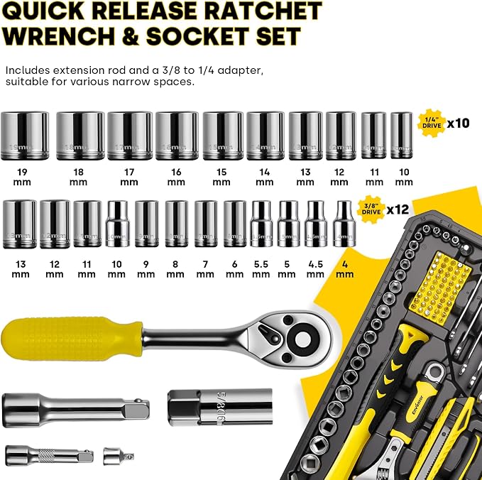 Enventor Tool Set with Molded Storage Case, 220 Pieces | 24-tooth Ratchet, Metric Sockets, Extension Bar and Adapter, for Home Repairs, DIY Projects and Auto Maintenance