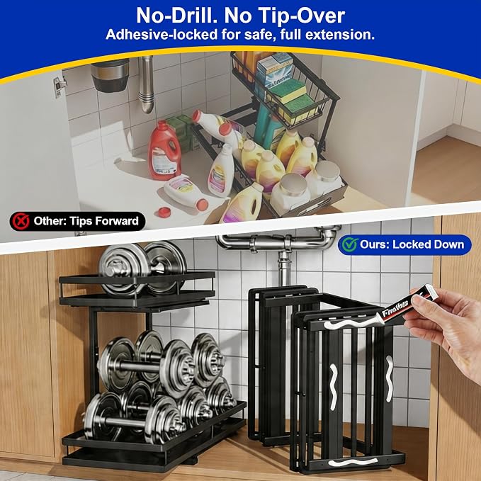 2-Tier Under Sink Organizer, Metal Pull Out Shelf, Black | Carbon steel, ball-bearing pull-out, 6-level adjustable, no-drill setup, for under-sink pipes and bottles