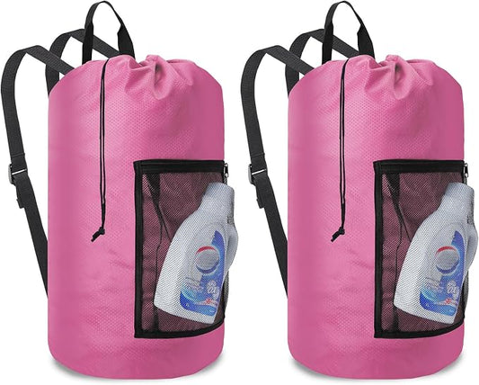 Laundry Bag Backpack Durable Laundry Bag with Shoulder Straps and Mesh Pockets Portable Laundry Hamper Dirty Clothes Bag for College, Travel, Laundromat, Apartment (Pink, 2 Pack)