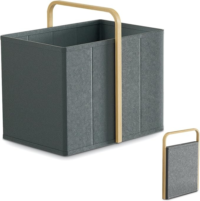 Collapsible Laundry Baskets with Handles 65L Portable Bamboo Laundry Hamper Oxford Fabric Foldable Laundry Bin Portable Cloth Baskets for Storage for Laundry Room Bedroom Living Room Gray