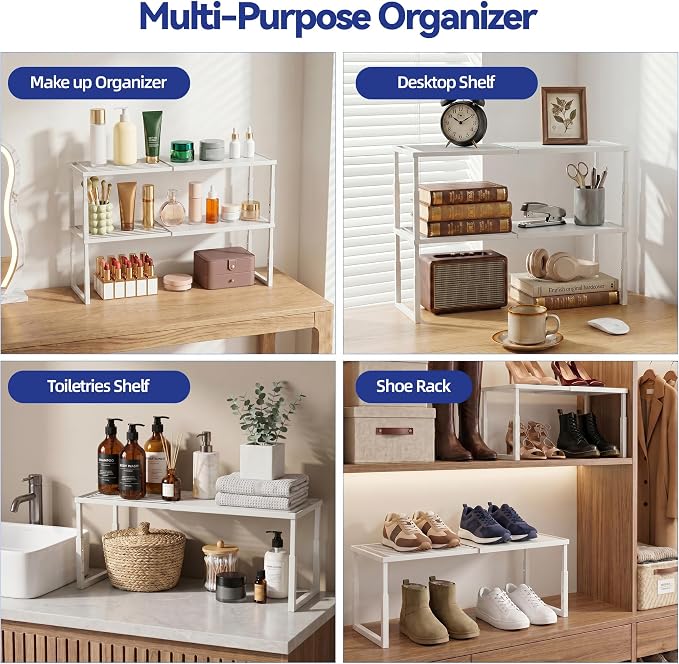 Expandable Cabinet Shelf Organizer, Stackable Kitchen Countertop Storage Shelves, Heavy Duty Adjustable Pantry Organizer Rack for Cabinet, Cupboard, Under Sink & Spice Storage