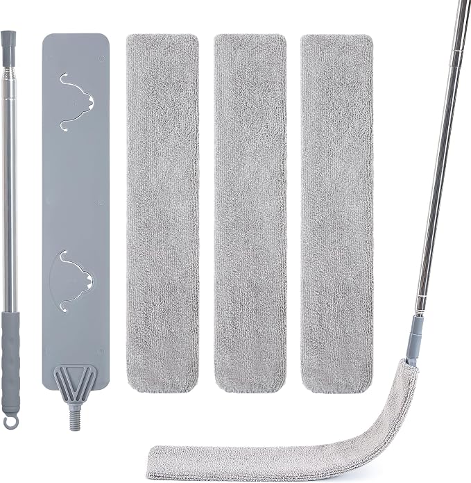 IVYROLL Skinny Duster with Extension Pole for Under Furniture, Under Appliance Cleaning Tool with 3 Microfiber Dusting Cloths, Retractable Flat Duster for Under Refrigerator, Tight Spaces, Gap