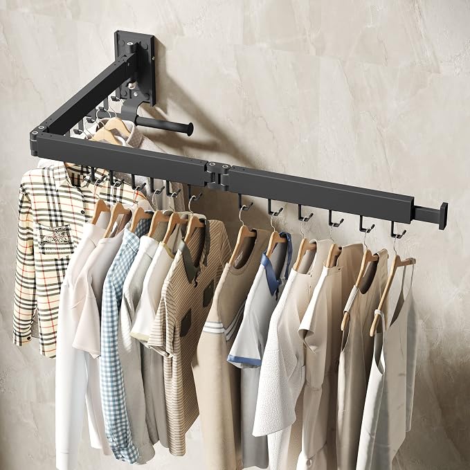 BOQORAD Drying Rack Clothing, Retractable Clothes Drying Rack,Wall Mounted Laundry Rack, Laundry Drying Rack Wall Mount,Collapsible Clothes Rack,can Fold Upward & Left & Right,Black Color