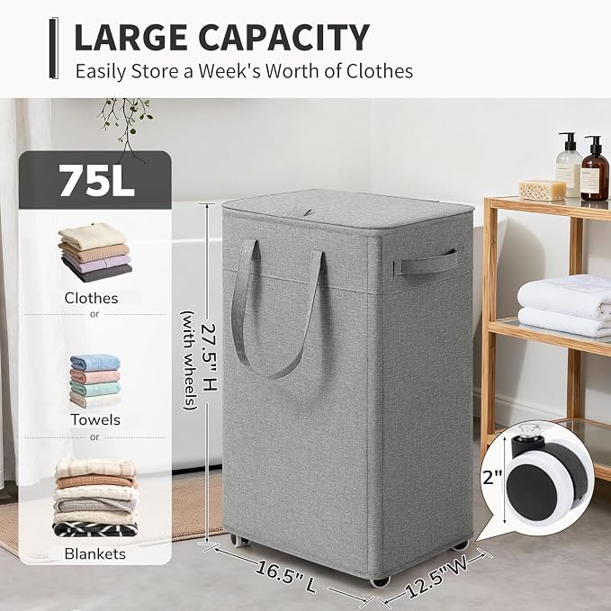 Goodpick 75L Rolling Laundry Hamper with Removable Wash Bag, Grey | 16.5 × 12.5 × 27.5 in, Reinforced Handles, Collapsible Design, Bathroom & Dorm Organization, Clothes & Blankets Storage