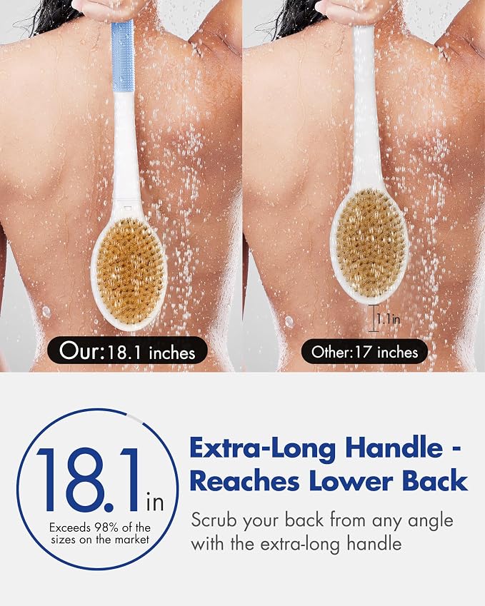 Back Scrubber Body Shower Brush: Anti Slip Long Handle Bath Brush with Stiff and Soft Bristles - Showering Exfoliator Wet or Dry Brushing for Women, Men, Elderly (Blue)