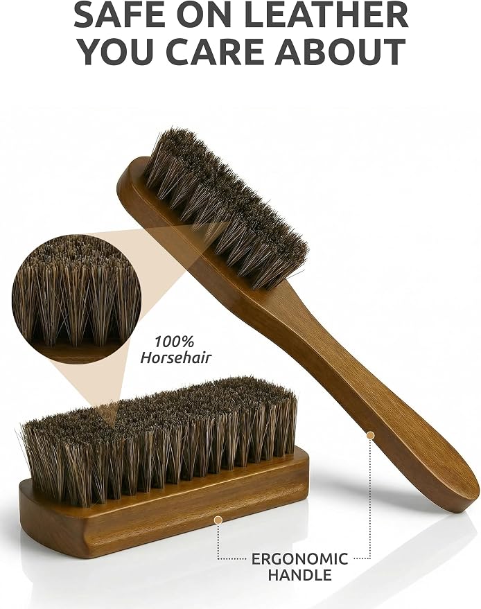 TAKAVU Leather & Upholstery Cleaning Brush Set with Compact Wood Handle | Car Detailing Brush for Alcantara, Leather Seats, Suede, Car Interior, Sofa & Convertible Tops