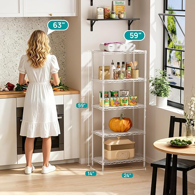SINGAYE 5 Metal Shelves Wire Shelving Storage Shelf Adjustable Unit Pantry | 5 Tier Kitchen Laundry Room Organization Home Pantry Closet Bathroom Organizers Garage Rack 14" D x 24" W x 59.5" H White