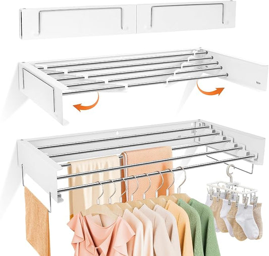 Wall Mounted Drying Rack 32" – Foldable Clothes Drying Rack Wall Mounted, 65 LBS Laundry Rack Wall Mounted, Retractable Clothes Rack for Laundry Room, Indoor & Outdoor Space Saver, 5 Rods, White
