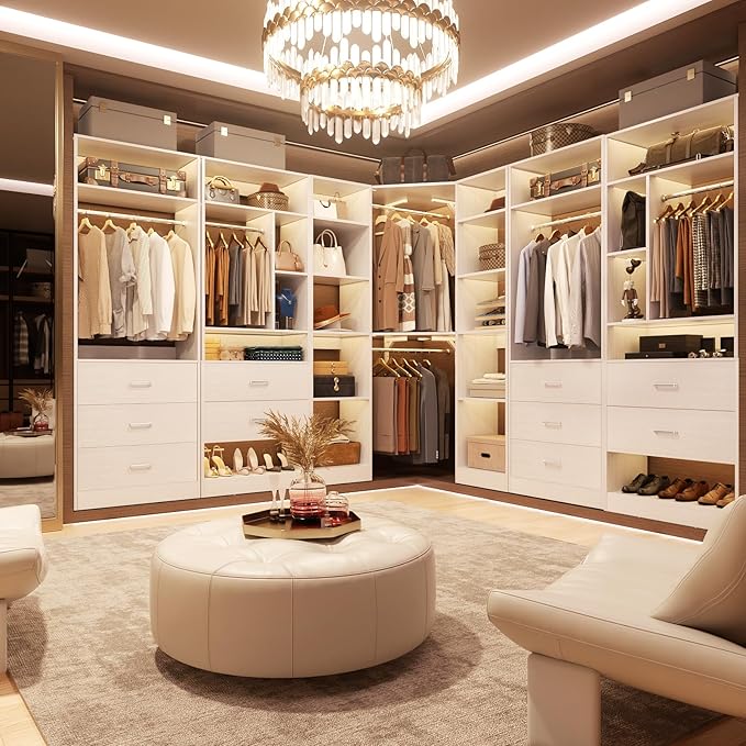 Besiost Corner Closet System with 12 Shelves, 39.2" Corner Closet Organizer System with 2 Hanging Rods, Versatile 6-Tier Walk-in Closets for Corner Space, White (39.2" L x 39.2" W x 80" H)