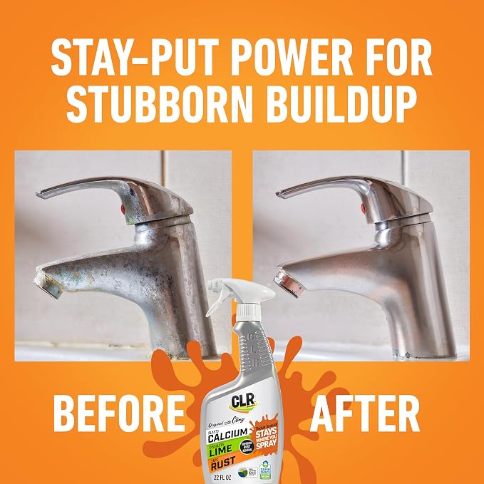 CLR Brands Calcium, Lime and Rust Remover with Cling, 22 oz. Spray Bottle | Adheres to Hard-to-Reach Surfaces, Blasts Calcium, Dissolves Lime Deposits, Zaps Stubborn Rust Stains and Hard Water Deposits