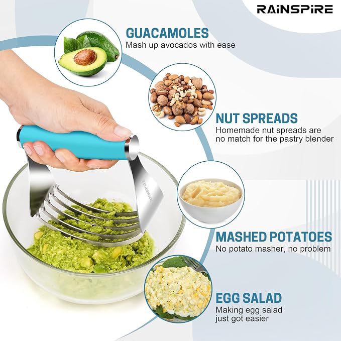 Rainspire XL Pastry Cutter For Baking, Heavy Duty Pastry Blender Stainless Steel, Thick Sharp Blades Dough Blender, Dough Cutter Butter Cutter Pastry for Easy Mixing, Dishwasher Safe, Blue