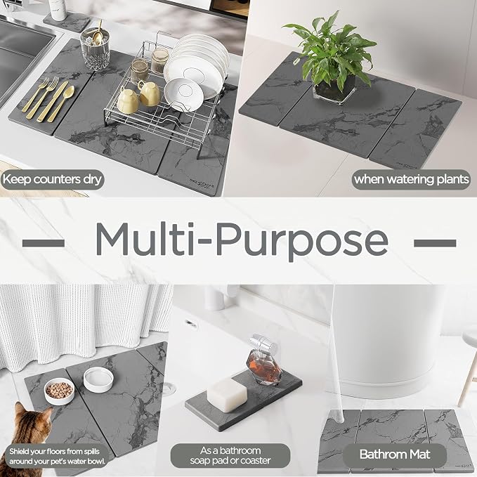 2PCS Stone Drying Mat for Kitchen Counter, Dark Gray with Black Veins Large Stone Dish Drying Mat - Diatomite Earth Water Absorbing Drying Stone for Kitchen Counter Mat, Quick Dry Stone Mat Kitchen